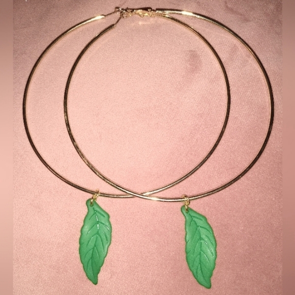 Oversized Green Leaf Charm Gold Hoops Huge 5 1/2 Inch Hoop Earrings Leaves KATTA - Picture 2 of 9